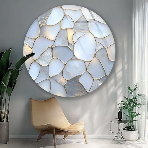 31.5''(80cm) Diameter White Stone Mosaic Round Glass Wall Art Tempered Glass Printing Wall Decor Large Wall Art Wall Hangings