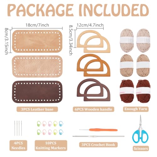 3 Set Crochet Bag Kit for Beginners 3 Colors Tote Bag Set with Step (3 Count)