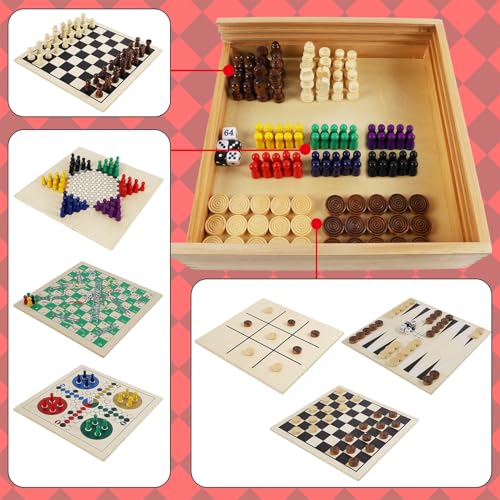 7-in-1 Wooden Board Game Set for Kids Adults, Tabletop Combo Classic Travel Portable Board Games (Chess, Checkers, Chinese Checkers, Backgammon, Parcheesi, Snakes and Ladders, Tic Tac Toe)