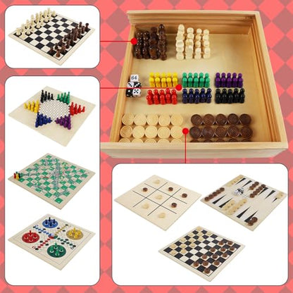 7-in-1 Wooden Board Game Set for Kids Adults, Tabletop Combo Classic Travel Portable Board Games (Chess, Checkers, Chinese Checkers, Backgammon, Parcheesi, Snakes and Ladders, Tic Tac Toe)