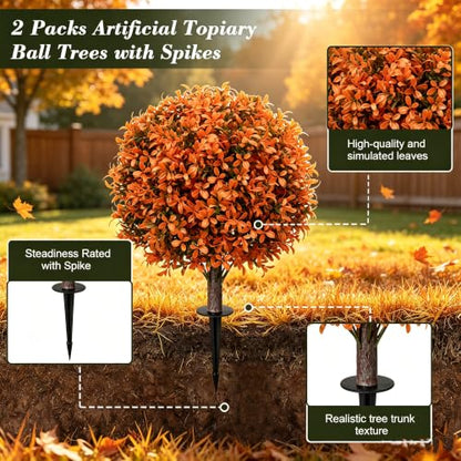 2Pack Fall Artificial Boxwood Topiary Plant Outdoor Porch Decor (2 Count)