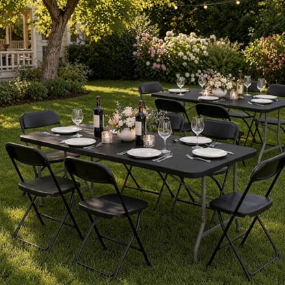 Set of 2 Folding Table 6 FT Lightweight Camping Table Black Portable Plastic Rectangular Outdoor Dining Table Steel Legs Fold (2 Count)