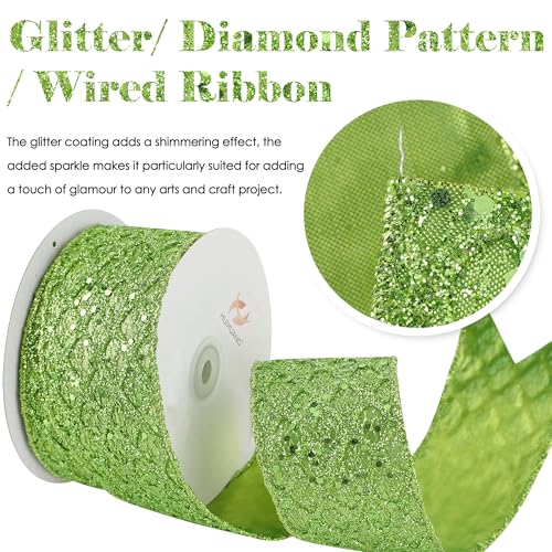 Lime Green Glitter Wired Christmas Ribbon 2.5 inch x 10 Yards (30 Foot)