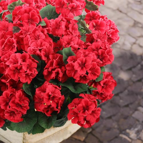 24 Pcs Artificial Geranium Flowers for Outdoors Geranium Silk Red Flowers Outdoor UV Resistant Garden Plants Faux Flower for Christmas Home Kitchen Table Centerpieces Decor