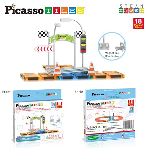 Magnet Tile Compatible Building Race Track Kit Traffic Sign Accessory Stabilizers with Sticker Set STEM Educational Magnets Toddler Racecourse Structure Blocks Add On Ages 3+ PTR01 (18 Count)