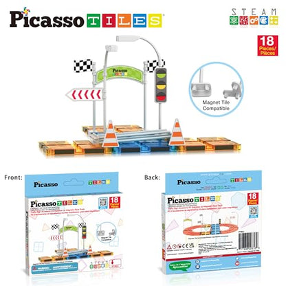 Magnet Tile Compatible Building Race Track Kit Traffic Sign Accessory Stabilizers with Sticker Set STEM Educational Magnets Toddler Racecourse Structure Blocks Add On Ages 3+ PTR01 (18 Count)
