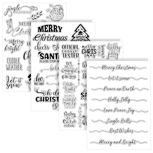4 Sheet Christmas Words Clear Stamps Greeting Words Santa Xmas Tree Pattern Silicone Transparent Stamps Border Stamp Cards for DIY Craft Card Making Scrapbooking Embossing Album Decor (4 Count)