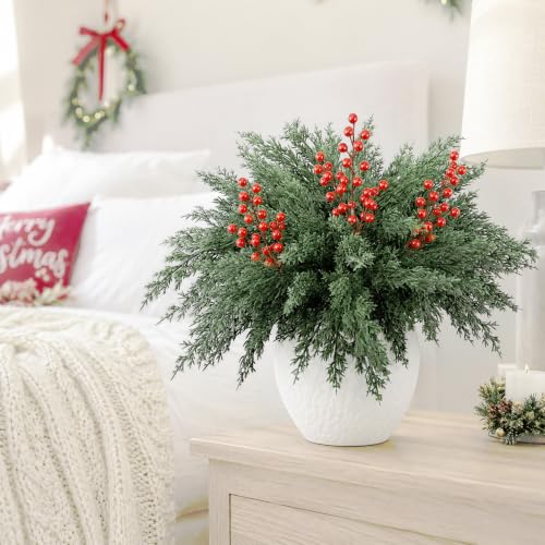 10 Pcs 16.5" Christmas Artificial Pine Branches with Red Berry Stems (10 Count)