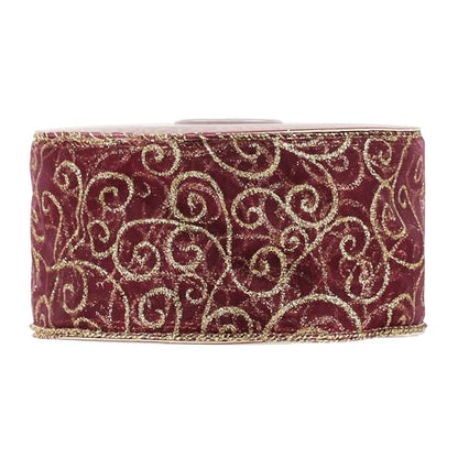Red Gold Swirl Wired Ribbon 2.5 Inch Dark Red Sheer Ribbon with Gold Swirl Glitter Wired Organza Ribbons 25 Yards Burgundy Sheer Christmas Ribbons for Christmas Tree (75 Foot)