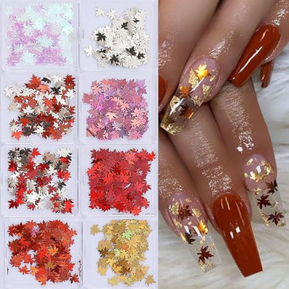 Thanksgiving Glitter Maple Leaf Nail Sequins Fall Nail Flakes Design Nail Charms Holographic Laser Mixed Color 3D Confetti Nail Glitter Sequins for Women (2 Ounce)