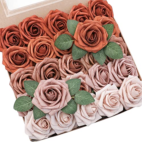 Artificial Flowers 25pcs Real Looking Burnt Orange Ombre Colors Foam Fake Roses with Stems for DIY Wedding Bouquets Bridal Shower Floral Centerpieces Party Tables Home Decorations (25 count)
