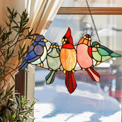 PA0011 Tropical Birds on The Wire Stained Glass Window Panel Tiffany Style Hangings Suncacher with Chain