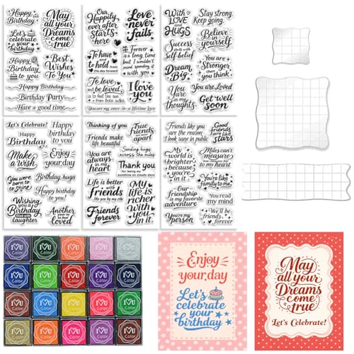 6 Pcs Greeting Words Clear Stamps for Card Making 20 Ink Pad (29 Count)