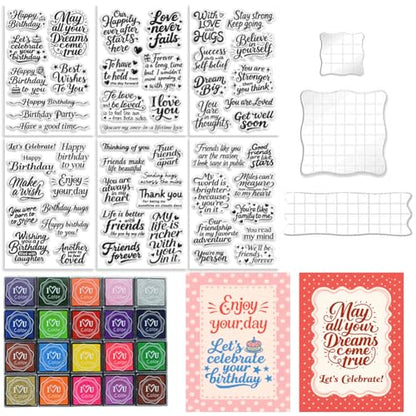 6 Pcs Greeting Words Clear Stamps for Card Making 20 Ink Pad (29 Count)
