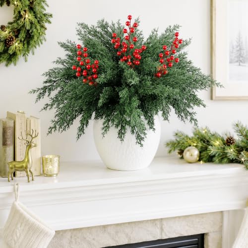10 Pcs 16.5" Christmas Artificial Pine Branches with Red Berry Stems (10 Count)