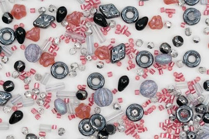 2.1oz (60 g) Mix of Unique Czech Bohemia Glass Pressed Beads, Matte and Glossy, Hand Made, Pink Gray Black Hematite (2.1164 Ounce)