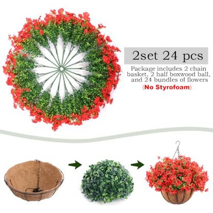 24 Pcs Artficial Outdoor Flowers with Hanging Baskets (2 Count)