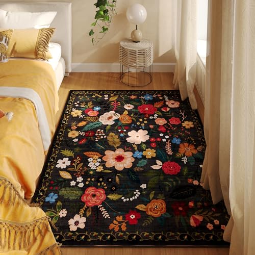 Bedroom Rug 3x5 Rug Washable Area Rug Non Slip Low Pile Boho Floral Small Carpet for Bedroom