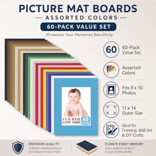 60 Pack Picture Mats 11 x 14 Inch Frame Mattes Matting with Acid Free Pre Cut Mattes White Core Bevel Cut Mats for 8 x 10 Pictures for Home Gallery Wall Hanging Art Decoration (60 Count)