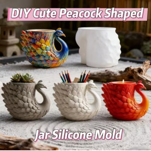 Animal Resin Molds Silicone 3D Cute Peacock Epoxy Resin Jar Plaster Candle Holder Wax Molds for Candle Making