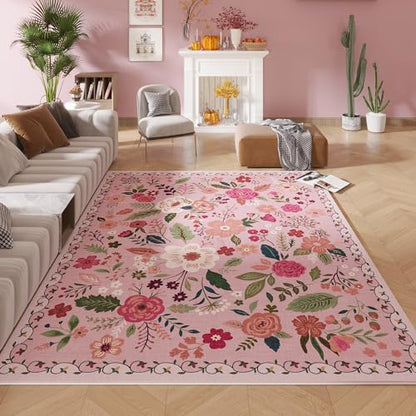 Living Room Rug 5x7 Rug Machine Washable Boho Area Rug Non Slip Floral Vintage Low Pile Large Rugs for Living Room