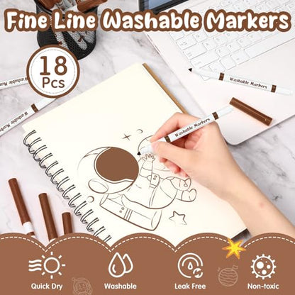 18 Pcs Line Washable Markers Brown Fine Tip Markers for Kid (18 Count)