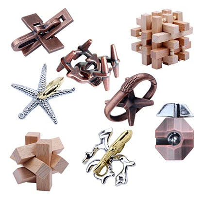 8 Pieces Wooden and Metal Brain Teaser Puzzles Box (8 Count)