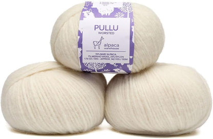 Pullu - Baby Alpaca Merino Wool Yarn Set of 3 Skeins (150 Grams) Worsted Weight - Sourced Directly from Peru - Heavenly Soft and Perfect for Knitting and Crocheting (Ivory)