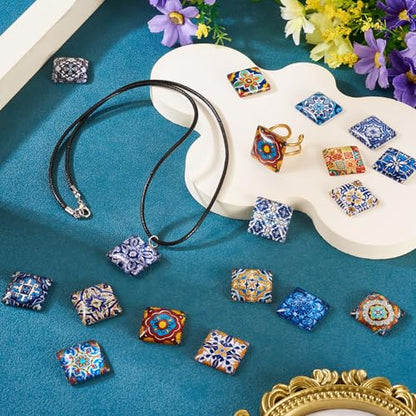 20Pcs 20mm Flower Printed Mosaic Tile Glass Cabochon Square Floral Glass CabochonsVintage Mixed Colors Dome Cabochon for Photo Cameo Pendant Craft Jewelry Making Supplies Craft (20 Count)