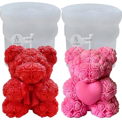 2 Pack Mini 3D Rose Bear Silicone Molds for Candle Resin Chocolate DIY