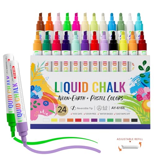Chalk Markers 24 Vibrant Color Set for Blackboard & Glass Surfaces Washable (24 Count)