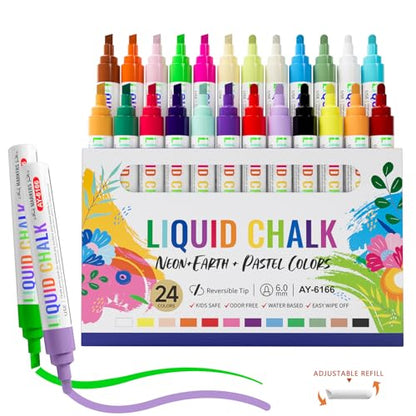 Chalk Markers 24 Vibrant Color Set for Blackboard & Glass Surfaces Washable (24 Count)