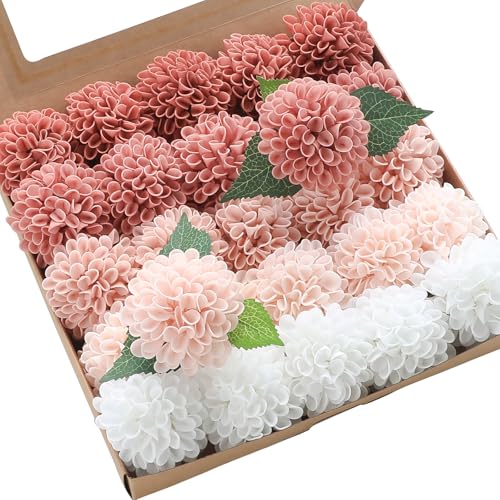 Artificial Dahlia Flowers 25pcs Real Looking Dusty Rose Shades Foam Fake Roses with Stems for DIY Wedding Bouquets Bridal Shower Centerpieces Floral Arrangements Party Tables Home Decoration (25 Count)