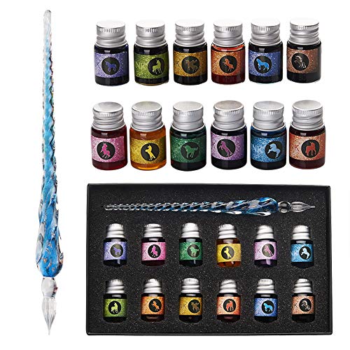 Glass Dipped Pen Ink Set Handmade Crystal Calligraphy Pen with 12 Colorful india ink for Art