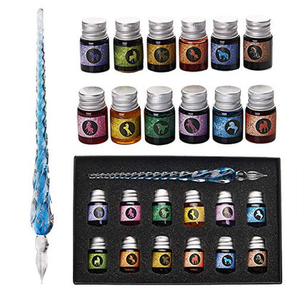 Glass Dipped Pen Ink Set Handmade Crystal Calligraphy Pen with 12 Colorful india ink for Art