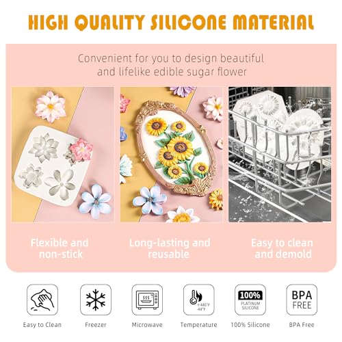 4Pcs Sunflower Fondant Silicone Mold for Cake Topper Decoration Chocolate Candy Sugar DIY Craft Gum Paste (4 Count)