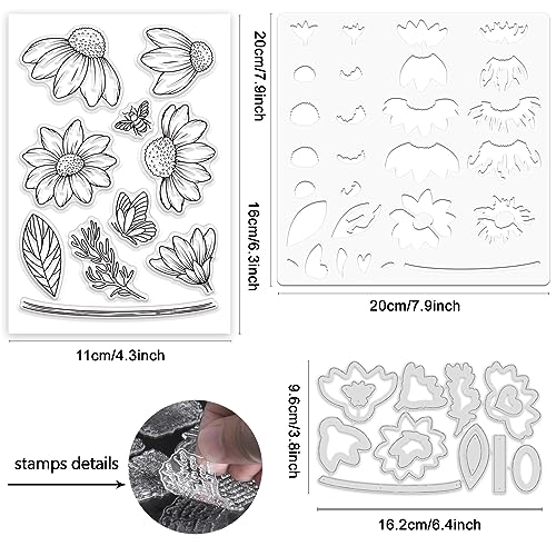 Daisy Flower Stamps and Dies and Layering Coloring Stencil Set (3 Count)