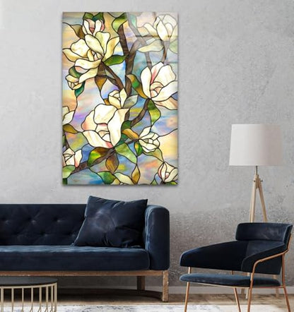 10Wx12H'' Stained Magnolia Glass Wall Art Tempered Glass Printing Wall Decor Large Wall Art Wall Hangings