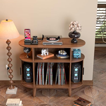 Large Round Record Player Stand with Charging Station & USB Ports