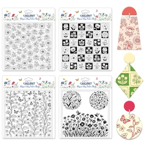 4 Sheets 4 Styles Wildflowers Polymer Clay Texture Sheets Bushes Silicone Texture Stamp Hummingbirds Modeling Pattern Pad Texture Sheets for Making Earrings Jewerly