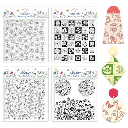 4 Sheets 4 Styles Wildflowers Polymer Clay Texture Sheets Bushes Silicone Texture Stamp Hummingbirds Modeling Pattern Pad Texture Sheets for Making Earrings Jewerly