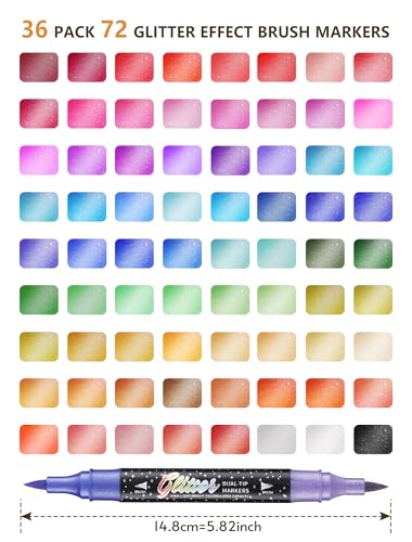 72 Colors 36 Pack Glitter Markers Pens Sparkle Markers Dual Brush Tip (36 Count)