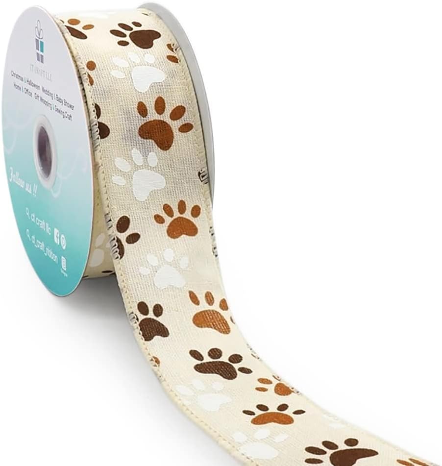 CT CRAFT LLC Ivory Canvas Dog Paw Wired Ribbon 1.5 Inch x 10 Yards for Christmas Home Decor Tree Topper Bow Gift Wrapping DIY Crafts Wreath Garland - Crafty Corner