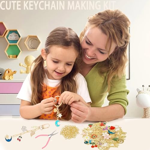 358 PCS Gold DIY Keychain Making Kit Cute Bag Charm Kit 110 Charms 28 Keychain Clips with Key Ring Swivel Snap Hook Lobster Claw Clasps 200 Jump Ring Jewelry Plier DIY Set Women Craft