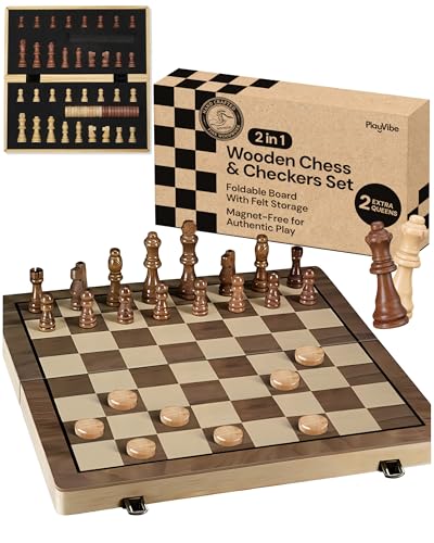 Wooden Chess Set 15'' & Checkers Board Games for All Players with 2 Extra Queens