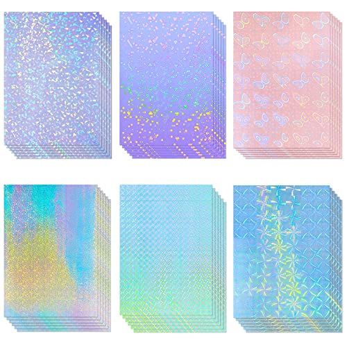 36 Sheets Holographic Sticker Paper A4 Vinyl Holographic Laminate Sheets Self Adhesive Waterproof Transparent Film