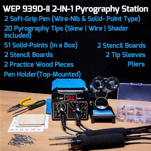 939D-II 2-IN-1 Wood Burning Kit 86-IN-1 with 51 Solid Points and 20 Wire Nibs Wood Burner with 2 Letter Number Stencils, 2 Unfinished Wood, 1 Pen Holder, Burning Tool