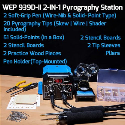 939D-II 2-IN-1 Wood Burning Kit 86-IN-1 with 51 Solid Points and 20 Wire Nibs Wood Burner with 2 Letter Number Stencils, 2 Unfinished Wood, 1 Pen Holder, Burning Tool
