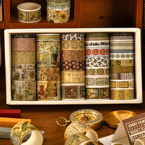 36 Rolls Vintage Washi Tape Pack Retro Arts Adhesive Tapes Wide Chronicle Decorative Masking Tape Sets for Craft (36 Count)