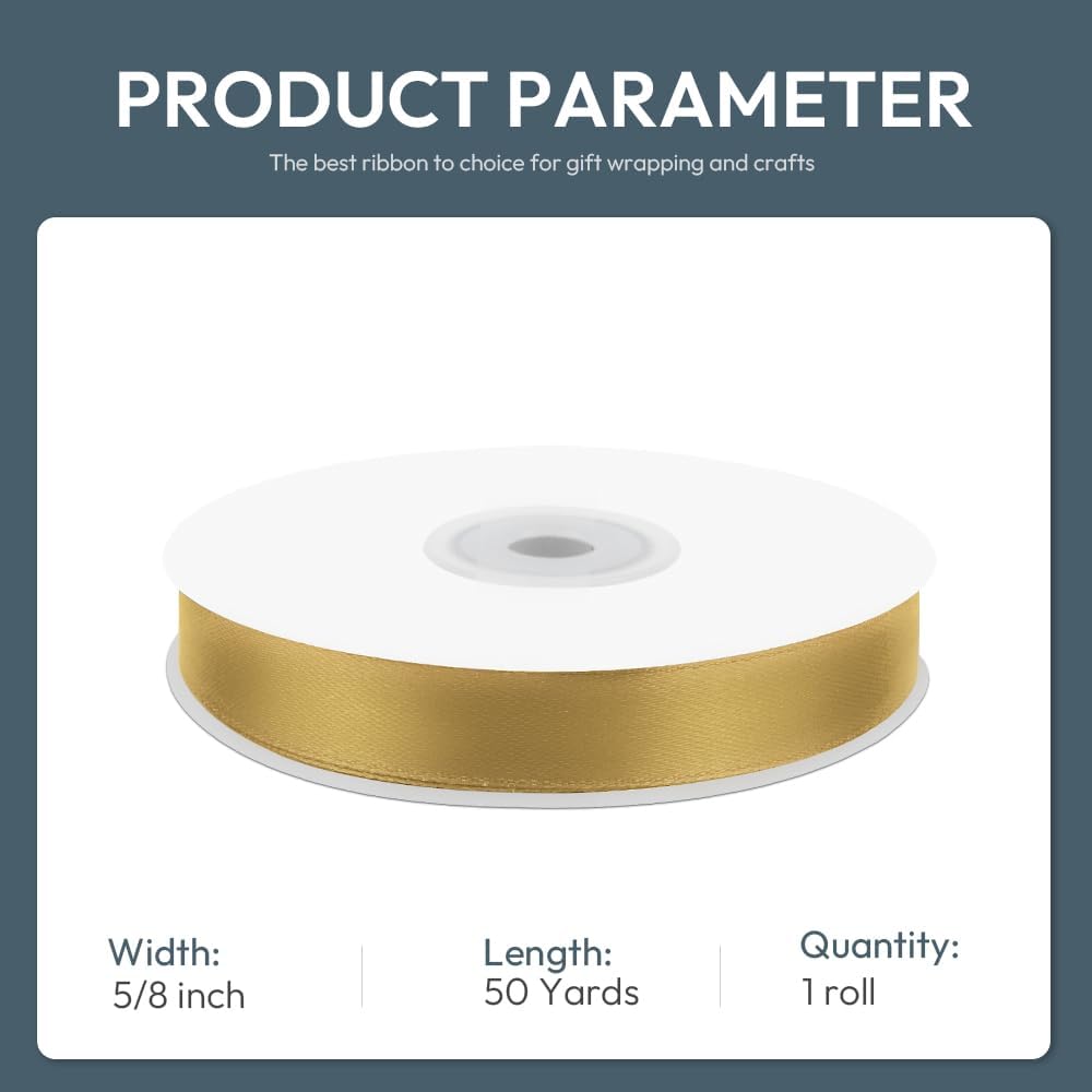 KMER LIFE 5/8" Wide x 50 Yards Golden Single Faced Polyester Satin Ribbon, Golden Satin Ribbon Perfect for Wedding Decor, Wreath, Crafts, Gift Wrapping & Other Projects (Golden) - Crafty Corner